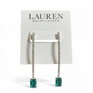 Lauren Ralph Lauren Silver Long Drop Earrings Green Rectangle Stone